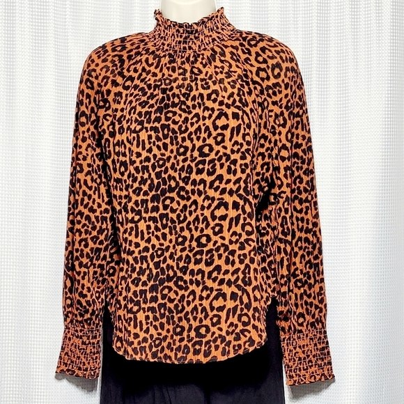 LOFT Burnt Orange Leopard Print Shirred Turtleneck Blouse Women's (XS) - Picture 2 of 14